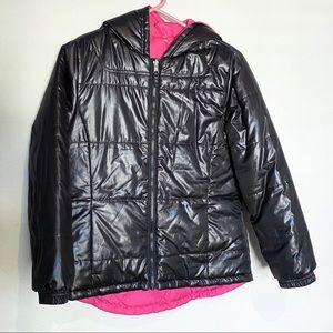 Reversible hot pink/black parka